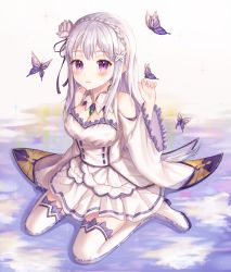 Rule 34 | 1girl, absurdres, bare shoulders, blunt bangs, blush, boots, braid, breasts, bug, butterfly, cleavage, commentary request, dress, emilia (re:zero), flower, french braid, frills, hair flower, hair ornament, hair ribbon, highres, huge filesize, insect, light purple hair, long hair, looking at viewer, low-tied long hair, monjja, pointy ears, purple eyes, re:zero kara hajimeru isekai seikatsu, ribbon, rose, silver hair, smile, solo, thigh boots, thighhighs, water surface, white flower, white rose, white thighhighs, x hair ornament