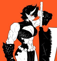 Rule 34 | 1girl, absurdres, arm guards, arm up, ass, bare shoulders, beads, biceps, black hair, black shirt, blouse, breasts, cleavage, cleavage cutout, clothing cutout, commentary, cowboy shot, crop top, fang, from side, han gong, highres, holding, holding sword, holding weapon, horns, huge weapon, large breasts, loincloth, looking at viewer, mole, mole on breast, mole on thigh, multiple scars, muscular, muscular female, navel, oni, oni horns, orange background, original, pointy ears, red eyes, scar, scar on face, scar on stomach, shirt, short hair, simple background, sleeveless, solo, standing, sword, thighs, wavy hair, weapon
