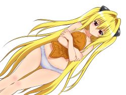 Rule 34 | 00s, 1girl, absurdres, blonde hair, blush, collarbone, crossed arms, flat chest, hair ornament, highres, konjiki no yami, long hair, oka yuuichi, panties, red eyes, solo, thigh gap, thighs, to love-ru, topless, transparent, transparent background, underwear, vector trace, very long hair, white panties