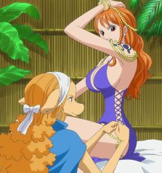 Rule 34 | 2girls, alternate costume, bare legs, bare shoulders, bed, blue dress, blush, bracelet, breasts, brown eyes, cleavage, curvy, dog girl, dress, furry, highres, jewelry, large breasts, long hair, looking at another, mink tribe, multiple girls, nami (one piece), nami (one piece) (zou), official alternate costume, one piece, orange hair, revealing clothes, screencap, sideboob, sitting, stitched, tattoo, thighs, third-party edit, wanda (one piece), wide hips