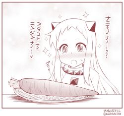 Rule 34 | 10s, 1girl, :o, abyssal ship, aged up, artist name, bare shoulders, blush, carrot, commentary request, dress, horns, kantai collection, long hair, monochrome, northern ocean princess, open mouth, sleeveless, sleeveless dress, solo, sparkle, sweatdrop, tareme, translation request, twitter username, upper body, yamato nadeshiko