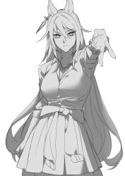 Rule 34 | 1girl, animal ears, arm at side, breasts, cleavage, closed mouth, clothes around waist, collared shirt, cowboy shot, earrings, expressionless, greyscale, hair between eyes, highres, horse ears, jewelry, long hair, long sleeves, looking at viewer, medium breasts, monochrome, necklace, outstretched arm, reaching, reaching towards viewer, shirt, single earring, sketch, skirt, sleeves pushed up, solo, symboli kris s (umamusume), ukka (0ukka ), umamusume, v
