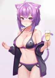 Rule 34 | 1girl, :q, absurdres, ahoge, animal ears, bare shoulders, bikini, black bikini, black jacket, blush, breasts, cat ears, cat girl, cat tail, cleavage, closed mouth, cowboy shot, cup, drinking glass, highres, holding, hololive, huge filesize, jacket, large breasts, looking at viewer, navel, nekomata okayu, nose blush, off shoulder, open clothes, open jacket, purple eyes, purple hair, short hair, smile, solo, stomach, swimsuit, tail, tail raised, thighs, tongue, tongue out, virtual youtuber, white background, woogi (duguddnr)