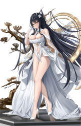 Rule 34 | 1girl, absurdres, antlers, azur lane, bare legs, bare shoulders, black hair, breasts, cleavage, clothing cutout, dated, detached collar, detached sleeves, dress, flower, full body, gloves, green eyes, hair between eyes, hair flower, hair ornament, hand up, high heels, highres, horns, indomitable (azur lane), kulayueyue, large breasts, legs, long hair, no panties, revealing clothes, skirt hold, solo, tachi-e, thighs, very long hair, white dress, white footwear, white gloves