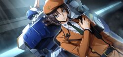 Rule 34 | 1boy, arm at side, armband, aroundight (code geass), artist request, belt, beret, black hair, blue eyes, buttons, closed mouth, code geass, code geass: lost stories, collared shirt, dutch angle, game cg, green eyes, green necktie, hand on own chest, hand up, hat, highres, indoors, jacket, light particles, light rays, long sleeves, male focus, mario disel, mecha, necktie, non-web source, official art, orange hat, orange jacket, robot, serious, shirt, short hair, sidelocks, solo, standing, upper body, v-shaped eyebrows, white shirt