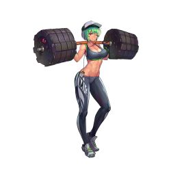 Rule 34 | 1girl, abs, barbell, baseball cap, breasts, cleavage, dark-skinned female, dark skin, digital media player, earphones, exercising, full body, game cg, gloves, green hair, grin, hat, highres, large breasts, last origin, looking at viewer, mighty r, muscular, navel, official art, one eye closed, pants, red eyes, shoes, short hair, sima (startwitch), skin tight, smile, sneakers, solo, spandex, sports bra, strong, tachi-e, tan, toned, transparent background, weightlifting, weights, yoga pants