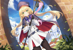 Rule 34 | 1girl, absurdres, artoria caster (fate), artoria caster (second ascension) (fate), artoria pendragon (fate), bad id, bad pixiv id, belt, black gloves, black pantyhose, blonde hair, blue belt, blue bow, blue cape, blue hat, blue sky, blush, bow, bowtie, buttons, cape, castle, cloud, commentary request, day, dress, fate/grand order, fate (series), floating hair, gloves, gold trim, green eyes, grin, hair between eyes, hat, highres, holding, holding staff, holding weapon, kyo (maae00), leaf, long hair, long sleeves, looking at viewer, outdoors, pantyhose, plant, red cape, sky, smile, solo, staff, teeth, twintails, two-tone cape, very long hair, weapon, white dress