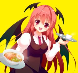 Rule 34 | &gt;:d, 1girl, :d, blush, bowl, coffee cup, cup, demon wings, disposable cup, egg, food, head wings, iroha tooko, koakuma, long hair, looking at viewer, necktie, noodles, open mouth, ramen, red eyes, red hair, smile, solo, soup, touhou, tray, v-shaped eyebrows, wings, yellow eyes