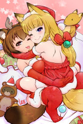 Rule 34 | 2girls, ;), ;3, ;p, animal ear fluff, animal ears, antlers, artist name, backless dress, backless outfit, bare shoulders, black eyes, blonde hair, blunt bangs, blush stickers, bow, box, breasts, brown hair, christmas, christmas ornaments, commentary request, dress, elbow gloves, fake antlers, fox ears, fox tail, fur-trimmed dress, fur-trimmed gloves, fur trim, gift, gift box, gloves, hair bow, hair ornament, hairband, hat, heart, heart-shaped pupils, horns, hug, large breasts, lee (colt), long hair, looking at viewer, multiple girls, one eye closed, original, pom pom (clothes), purple eyes, raccoon ears, raccoon tail, red bow, red dress, red gloves, red legwear, reindeer antlers, santa costume, santa hat, short hair, shoulder blades, smile, star (symbol), straddling, symbol-shaped pupils, tail, thick eyebrows, thighhighs, tongue, tongue out, yuri