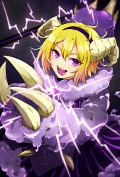 Rule 34 | 1girl, blonde hair, claws, commentary request, crack, cracked glass, don quixote (project moon), hair between eyes, highres, kazunari (likuro137), limbus company, looking at viewer, monster girl, open mouth, project moon, purple eyes, short hair, teeth, tongue, tongue out, upper body