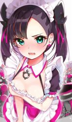 Rule 34 | 1girl, apron, aqua eyes, asymmetrical bangs, black hair, blush, breasts, child, cleavage, collarbone, creatures (company), dress, earrings, embarrassed, female focus, game freak, gen 8 pokemon, hair ribbon, highres, jewelry, looking at viewer, maid, maid apron, maid headdress, marnie (pokemon), neck, nintendo, open mouth, pink ribbon, pokemon, pokemon swsh, ribbon, rouka (akatyann), small breasts, tears, twintails, undercut, white background