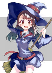 Rule 34 | 10s, 1girl, aki poi, blush, broom, brown hair, dress, happy, hat, kagari atsuko, little witch academia, long hair, looking at viewer, open mouth, red eyes, simple background, solo, witch, witch hat