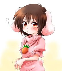 Rule 34 | 1girl, animal ears, blush, brown hair, carrot necklace, dress, inaba tewi, looking at viewer, necklace, one-hour drawing challenge, own hands together, pout, puffy cheeks, puffy cheeks, rabbit ears, rabbit girl, rabbit tail, red eyes, short hair, shy, solo, tail, touhou, unya