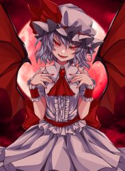 Rule 34 | &gt;:), 1girl, :d, ascot, bat wings, blue hair, brooch, center frills, cowboy shot, dress, frilled shirt collar, frills, full moon, hair between eyes, hands up, hat, hat ribbon, jewelry, looking at viewer, mob cap, momendoufu, moon, nail polish, night, night sky, open mouth, outdoors, puffy short sleeves, puffy sleeves, red ascot, red eyes, red moon, red nails, red ribbon, red sash, red sky, remilia scarlet, ribbon, sash, short hair, short sleeves, sky, smile, solo, standing, touhou, v-shaped eyebrows, white dress, white hat, wings, wrist cuffs