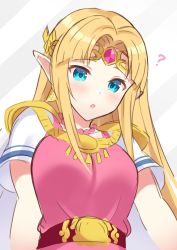 Rule 34 | 1girl, blonde hair, blue eyes, blush, breasts, dress, earrings, gloves, hair intakes, jewelry, long hair, looking at viewer, medium breasts, necklace, nintendo, open mouth, pointy ears, princess zelda, shiyo yoyoyo, simple background, solo, super smash bros., the legend of zelda, the legend of zelda: a link between worlds, tiara, upper body