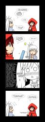 Rule 34 | 2girls, 4koma, cape, cloak, comic, english text, food, from side, highres, hood, hooded cloak, indirect kiss, long hair, long sleeves, lunarisaileron, multiple girls, ponytail, popsicle, red hair, red hood, ruby rose, rwby, short hair, simple background, speech bubble, talking, text focus, upper body, weiss schnee, white background, white hair