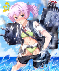 Rule 34 | 1girl, ?, ??, bandeau, bike shorts, black shorts, blue eyes, blue sky, blurry, bra, cannon, cloud, commentary request, day, depth of field, dress shirt, gloves, green bra, green panties, grey vest, highres, horizon, kantai collection, machinery, neck ribbon, outdoors, panties, pink hair, pleated skirt, ponytail, red ribbon, ribbon, school uniform, shiranui (kancolle), shirt, short ponytail, short sleeves, shorts, shorts under skirt, skirt, sky, solo, standing, torn clothes, torpedo launcher, turret, underwear, undressing, vest, water, wet, wet clothes, white gloves, white shirt, zanntetu
