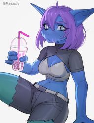 Rule 34 | 1girl, animal ears, belt, blue skin, bob cut, breasts, bubble tea, cleavage, closed mouth, colored skin, cup, disposable cup, drinking straw, fewer digits, fingernails, furry, furry female, grey eyes, holding, holding cup, kobold, long pointy ears, looking at viewer, medium breasts, medium hair, original, pink hair, pointy ears, roxxxan, short sleeves, shorts, shrug (clothing), simple background, sitting, snout, solo, sports bra, torn clothes, torn shorts, white background, white belt