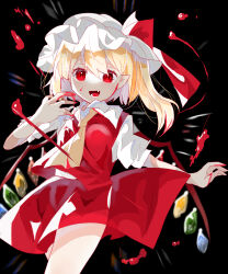 Rule 34 | 1girl, ascot, bat wings, black background, blonde hair, blood, borrowed character, crystal, flandre scarlet, hat, hat ribbon, highres, mob cap, multicolored wings, one side up, open mouth, puffy short sleeves, puffy sleeves, ramochi, red eyes, red skirt, red vest, ribbon, short sleeves, side ponytail, skirt, skirt set, touhou, vest, white hat, wings, yellow ascot