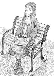 Rule 34 | 1girl, animal, animal on lap, autumn leaves, bench, cat, cat on lap, day, greyscale, highres, imajun, long hair, long sleeves, monochrome, on lap, original, outdoors, pantyhose, scarf, shoes, sitting, skirt, skullcap, sleeping, sneakers, striped clothes, striped legwear, striped pantyhose, sweater
