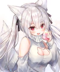 Rule 34 | 1girl, :d, animal ear fluff, animal ears, black ribbon, blush, breasts, can, cleavage, cleavage cutout, clothing cutout, commentary request, fox cutout, fox ears, fox girl, fox tail, hair between eyes, hair ribbon, hand up, highres, holding, holding can, looking at viewer, medium breasts, open mouth, original, red eyes, ribbon, rucaco, shoulder cutout, sidelocks, silver hair, simple background, smile, solo, sweater, tail, tail raised, turtleneck, turtleneck sweater, upper body, white background, white sweater