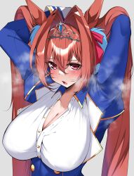 Rule 34 | 1girl, absurdres, animal ears, arms behind head, blush, breasts, cleavage, commentary request, commission, daiwa scarlet (umamusume), fang, hair intakes, highres, horse ears, horse girl, kshimu, large breasts, long hair, looking at viewer, partially unbuttoned, red eyes, red hair, simple background, skeb commission, solo, tiara, twintails, umamusume, upper body, very long hair, visible air