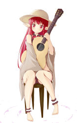 Rule 34 | 1girl, acoustic guitar, ankle cuffs, anklet, arknights, bare legs, barefoot, bead anklet, bikini, bikini bottom only, black bikini, black shirt, blush, braid, chair, closed mouth, commentary, full body, guitar, hat, highres, holding, holding instrument, instrument, jewelry, kusunoki (gwzx5574), long hair, looking at viewer, official alternate costume, pointy ears, red eyes, red hair, shawl, shirt, side braids, simple background, sitting, sleeveless, sleeveless shirt, smile, solo, straight hair, straw hat, swimsuit, thighs, twin braids, vigna (arknights), vigna (casual vacation) (arknights), white background, wing collar