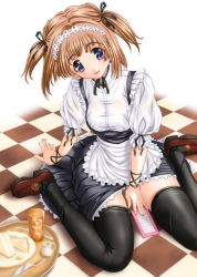 Rule 34 | blue eyes, brown hair, checkered floor, maid, shiruko, solo, thighhighs, tray, twintails, two side up, waitress, zettai ryouiki