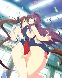 Rule 34 | 10s, 2girls, ahoge, angry, ass, bare shoulders, blue eyes, blush, breast envy, breast press, breasts, brown hair, clenched hand, clenched teeth, competition swimsuit, confetti, curvy, green eyes, hair ribbon, heterochromia, highleg, huge breasts, long hair, looking at viewer, looking back, multiple girls, murasaki (senran kagura), one-piece swimsuit, purple eyes, purple hair, ribbon, ryoubi (senran kagura), senran kagura, senran kagura new wave, shiny clothes, shiny skin, small breasts, swimsuit, teeth, thick thighs, thighs, twintails, very long hair, wide hips, yaegashi nan