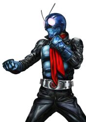 1boy antennae armor belt black_bodysuit bodysuit bug clenched_hands compound_eyes fighting_stance gloves glowing glowing_eyes grasshopper helmet highres horns insect kamen_rider kamen_rider_1 kamen_rider_the_first looking_at_viewer male_focus mask masukudo_(hamamoto_hikaru) red_eyes red_scarf rider_belt scarf solo standing tokusatsu