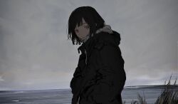 Rule 34 | 1girl, absurdres, black hair, black jacket, day, expressionless, from side, grass, hands in pockets, highres, hood, hood down, hooded jacket, hoodie, horizon, jacket, jacket over hoodie, long sleeves, looking at viewer, looking to the side, mask, mask pull, mouth mask, ocean, open clothes, open jacket, original, outdoors, overcast, parted lips, short hair, sky, solo, suiso (owp), surgical mask, tall grass, upper body, white hoodie, yellow eyes