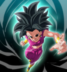 Rule 34 | 1girl, black eyes, black hair, boots, breasts, charging forward, clenched hand, crop top, dragon ball, dragon ball super, earrings, jewelry, kefla (dragon ball), looking at viewer, midriff, navel, pants, potara earrings, reaching, reaching towards viewer, rom (20), solo, spiked hair