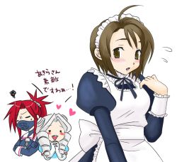 Rule 34 | 3girls, = =, ahoge, alternate costume, apron, blush, brown eyes, brown hair, commentary request, crossed arms, drill hair, closed eyes, gloves, grey hair, heart, himezaki aoi, justice gakuen, kazama akira, kirishima yurika, maid, maid apron, maid headdress, mask, moero! justice gakuen, multiple girls, oo310410oo, open mouth, own hands clasped, own hands together, red hair, short hair, squiggle, street fighter, street fighter v, sweatdrop, teeth, translation request, white gloves