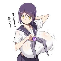 Rule 34 | 1girl, bouncing breasts, breasts, gigantic breasts, huge breasts, ishioto, open mouth, purple hair, school uniform, solo, sweat, yellow eyes
