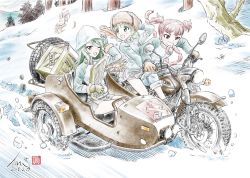 Rule 34 | 10s, 3girls, aki (girls und panzer), artist name, blue hat, blue jacket, blue skirt, box, brown eyes, brown gloves, brown hair, brown hat, caviar, colored pencil (medium), crab, cyrillic, dated, day, driving, emblem, english text, food, food in mouth, fur hat, girls und panzer, gloves, green eyes, grin, hair tie, hand on headwear, hat, highres, holding, holding instrument, instrument, jacket, kantele, keizoku military uniform, kubota shinji, light brown hair, long hair, long sleeves, looking at viewer, looking back, mika (girls und panzer), mikko (girls und panzer), military, military uniform, miniskirt, motion blur, motor vehicle, motorcycle, mouth hold, multiple girls, one eye closed, open mouth, outdoors, pants, pants rolled up, pants under skirt, pleated skirt, pravda (emblem), raglan sleeves, red eyes, red hair, russian text, sausage, short hair, short twintails, sidecar, signature, sitting, skirt, smile, snow, theft, track jacket, track pants, traditional media, tree, twintails, uniform, ushanka, vehicle request, watermark, wheel, white gloves, winter