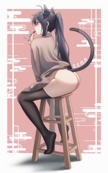 Rule 34 | 1girl, absurdres, animal ear fluff, animal ears, artist name, ass, black thighhighs, blue nails, blush, border, bottomless, brown sweater, cat ears, cat girl, cat tail, earrings, eating, egasumi, extra ears, food, full body, highres, holding, holding food, jewelry, long hair, long sleeves, nail polish, original, outside border, pink background, pocky, ponytail, profile, red eyes, senamashiro, sitting, stool, sweater, tail, thighhighs, thighs, white border