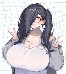 Rule 34 | 1girl, black hair, blush, breasts, cleavage, clenched teeth, collarbone, commentary request, dated, double v, glasses, grid background, hair over one eye, highres, huge breasts, long hair, long sleeves, looking at viewer, mole, mole on breast, mole on neck, mole under eye, muroku (aimichiyo0526), off shoulder, open mouth, original, smile, solo, sweatdrop, tareme, teeth, thick eyebrows, twintails, twitter username, upper body, v, white background