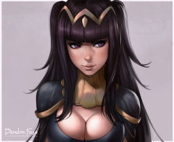 Rule 34 | 1girl, artist name, black dress, black hair, blunt bangs, blush, breasts, cleavage, cleavage cutout, close-up, closed mouth, clothing cutout, dandon fuga, dress, fire emblem, fire emblem awakening, large breasts, lips, long hair, nintendo, pink background, purple eyes, sidelocks, simple background, smile, solo, tharja (fire emblem), upper body, watermark, web address