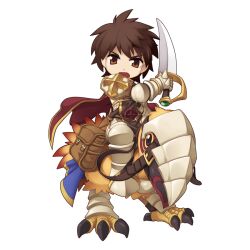 Rule 34 | 1boy, animal, armor, armored boots, bag, barding, bird, boots, breastplate, brown eyes, brown hair, cape, chainmail, chibi, cross, cross of prontera, full body, gauntlets, leg armor, looking at viewer, lord knight (ragnarok online), male focus, medium bangs, official art, open mouth, oversized animal, pauldrons, peco peco, ragnarok online, red cape, riding, riding bird, scabbard, scimitar, sheath, shoulder armor, simple background, solo, spiked gauntlets, standing, sword, tabard, tachi-e, transparent background, v, weapon, yuichirou