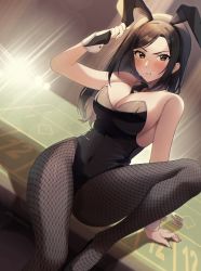 Rule 34 | 1girl, absurdres, animal ears, bare shoulders, black hair, black leotard, blush, breasts, cleavage, covered navel, detached collar, fake animal ears, fishnet pantyhose, fishnets, green eyes, highleg, highleg leotard, highres, idolmaster, idolmaster cinderella girls, large breasts, leotard, long hair, looking at viewer, mukai takumi, pantyhose, parted bangs, playboy bunny, rabbit ears, shangzi, solo, strapless, strapless leotard, thighs, wrist cuffs