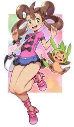 Rule 34 | 1girl, :d, absurdres, bag, blue shorts, brown hair, chespin, commentary, creatures (company), eyelashes, game freak, gen 6 pokemon, green eyes, hands up, happy, highres, mr.thunderigor, nintendo, open mouth, pink footwear, pink shirt, pokemon, pokemon (creature), pokemon xy, scrunchie, shauna (pokemon), shiny skin, shirt, shoes, short shorts, short sleeves, shorts, shoulder bag, smile, teeth, tongue, upper teeth only, w arms, wrist scrunchie