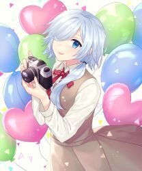 Rule 34 | 1girl, balloon, blue eyes, blue hair, bow, bowtie, breasts, brown dress, camera, dress, hair over one eye, hair over shoulder, heart balloon, highres, holding, holding camera, light blue hair, long sleeves, looking at viewer, medium breasts, monika (spy kyoushitsu), open mouth, ponytail, red bow, red bowtie, shirt, sleeveless, sleeveless dress, smile, solo, spy kyoushitsu, white shirt, yume (bp25mt)