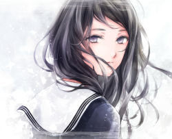 Rule 34 | 1girl, black hair, black shirt, commentary, english commentary, eyelashes, from behind, long hair, looking at viewer, looking back, nuwanko, original, parted lips, purple eyes, sailor collar, school uniform, shirt, solo, upper body, white background, white sailor collar