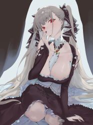 Rule 34 | 1girl, absurdres, azur lane, between breasts, black nails, breasts, cleavage, dress, formidable (azur lane), frilled dress, frills, gothic lolita, grey hair, hair ribbon, hand up, highres, huge breasts, kneeling, large breasts, lolita fashion, long hair, nail polish, necktie, necktie between breasts, red eyes, ribbon, sb lama, twintails, two-tone dress, two-tone ribbon, very long hair