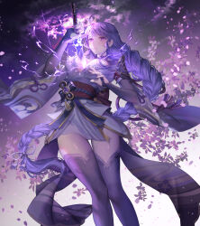 Rule 34 | 1girl, absurdres, armor, black gloves, black thighhighs, braid, breasts, bridal gauntlets, cherry blossoms, cleavage, electricity, falling petals, feet out of frame, genshin impact, gloves, glowing, hayanpool, highres, holding, holding sword, holding weapon, human scabbard, japanese clothes, kimono, large breasts, long hair, low-braided long hair, low-tied long hair, mitsudomoe (shape), mole, mole under eye, musou isshin (genshin impact), nail polish, obiage, obijime, petals, purple eyes, purple hair, purple kimono, purple nails, raiden shogun, red sash, sash, short kimono, shoulder armor, shrug (clothing), sidelocks, single braid, solo, sword, thighhighs, thighs, tomoe (symbol), very long hair, vision (genshin impact), weapon, zettai ryouiki
