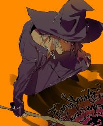 Rule 34 | 1boy, dark-skinned male, dark skin, facial mark, facial mark, fang, grey hair, grin, halloween costume, hand on own knee, hat, highres, jewelry, male focus, minamimoto shou, necklace, orange background, smile, solo, solo focus, squatting, staff, subarashiki kono sekai, whisker markings, witch, witch hat, yellow eyes