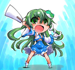 Rule 34 | 1girl, detached sleeves, frog hair ornament, gohei, green eyes, green hair, hair ornament, kochiya sanae, long hair, long sleeves, matching hair/eyes, navel, oonusa, open mouth, outstretched arms, shinapuu, shirt, skirt, skirt set, snake hair ornament, solo, touhou, wide sleeves