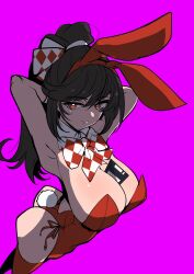 Rule 34 | 1girl, animal ears, armpits, arms behind head, arms up, ass, between breasts, black hair, bow, bowtie, breasts, checkered bow, checkered bowtie, checkered clothes, closed mouth, cowboy shot, detached collar, fake animal ears, floppy disk, from above, from side, hair bow, highres, large breasts, leotard, long hair, looking at viewer, pink background, playboy bunny, ponytail, rabbit ears, rabbit tail, red eyes, red leotard, red thighhighs, reverse:1999, see-through clothes, see-through leotard, semmelweis (reverse:1999), simple background, smile, solo, strapless, strapless leotard, tail, thighhighs, ziyunshanding