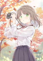 Rule 34 | 1girl, :o, autumn, autumn leaves, blurry, blurry background, blush, brown hair, brown skirt, camera, camera around neck, collared shirt, colored inner hair, commentary, cowboy shot, dot nose, falling leaves, green eyes, grey hair, highres, holding, holding camera, leaf, long sleeves, looking at viewer, maigoyaki, maple leaf, multicolored hair, original, outdoors, pleated skirt, shirt, skirt, solo, symbol-only commentary, tree, white shirt