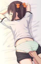 Rule 34 | 1boy, 1girl, absurdres, arms up, ass, bed sheet, black shorts, blush, bow, brown hair, closed eyes, clothes pull, commentary request, gym shirt, gym shorts, gym uniform, hair bow, highres, lying, on stomach, orange bow, original, out of frame, panties, parted lips, pulling another&#039;s clothes, shirt, short shorts, short sleeves, shorts, shorts pull, side ponytail, solo focus, striped clothes, striped panties, takasuma hiro, underwear, white shirt